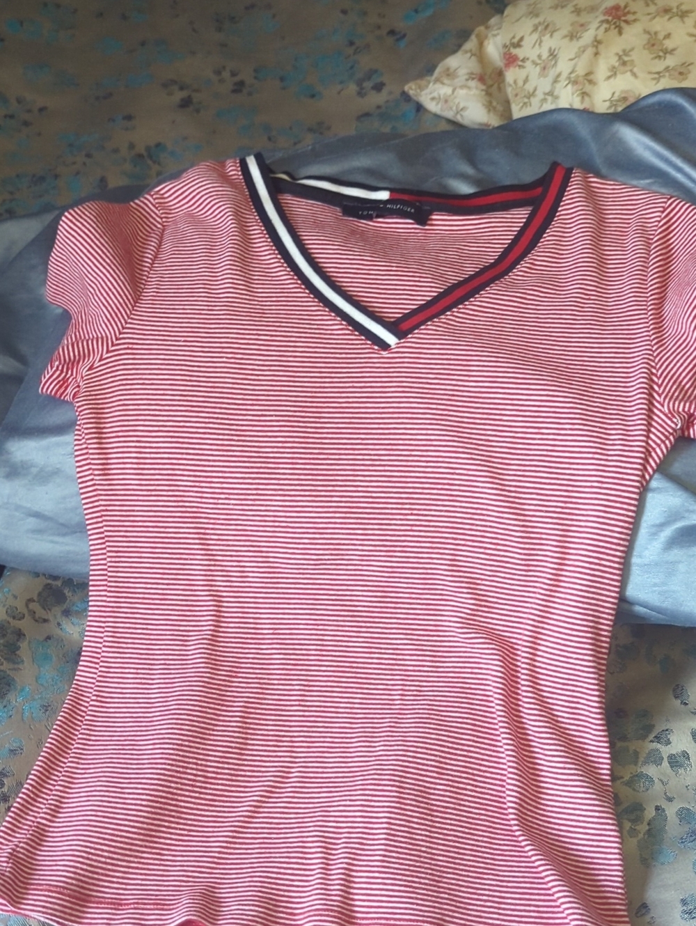 Tommy Hilfiger Pink & White Striped V-Neck Tee with Contrast Trim